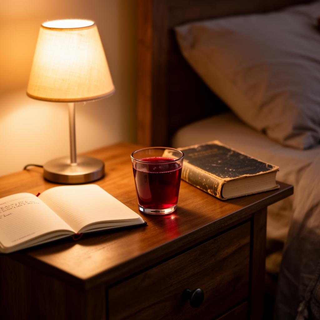 A small glass of deep red tart cherry drink on a bedroom nightstand