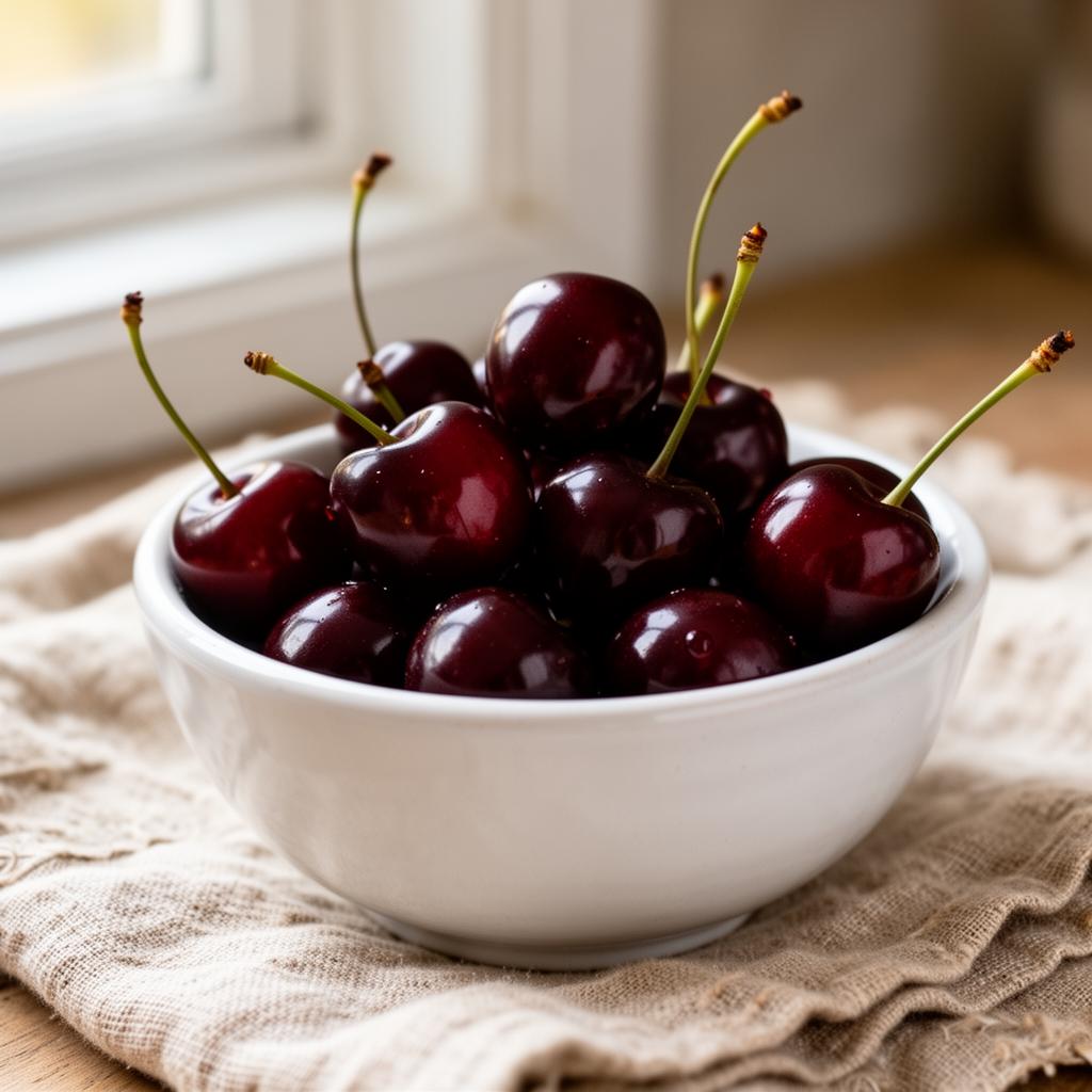 A small white bowl of fresh Montmorency tart cherries